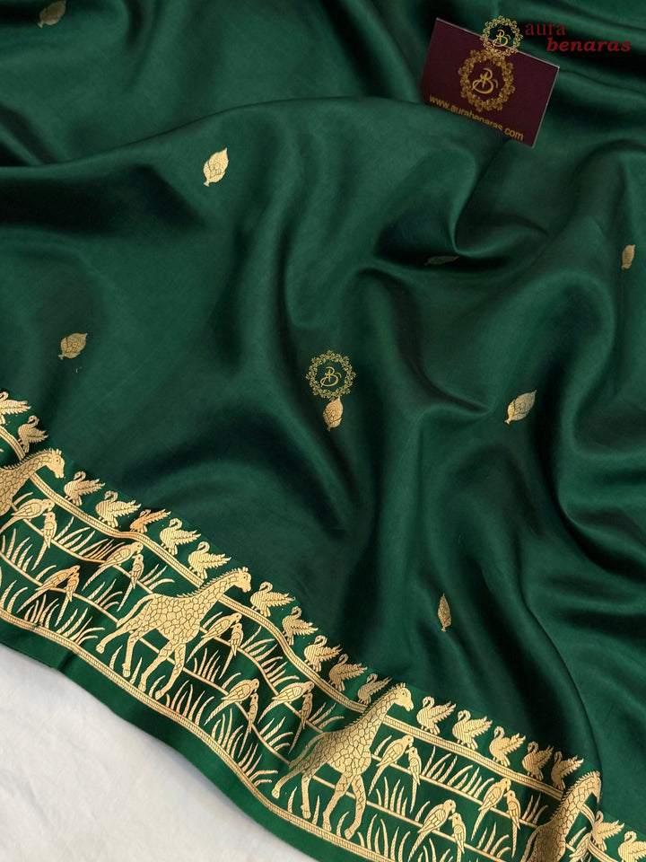 Bottle Green Pure Katan Silk Banarasi Saree Kadhwa Giraffe and Bird Motifs
