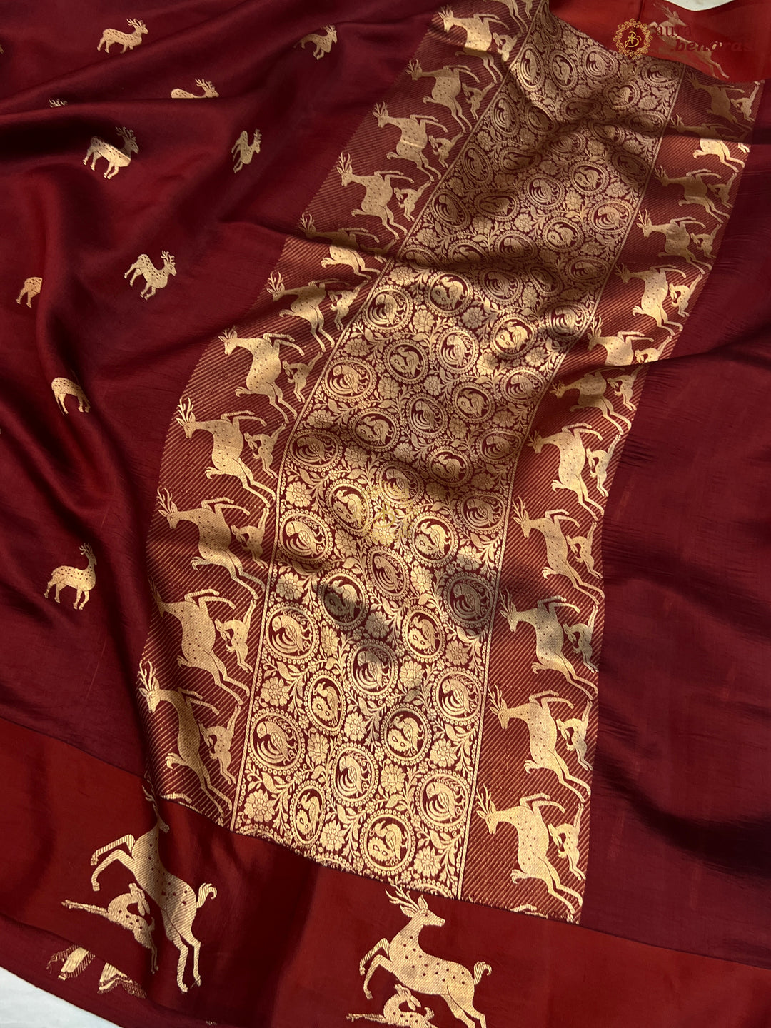 Deep Maroon Pure Silk Banarasi Saree with Deer Motif Border