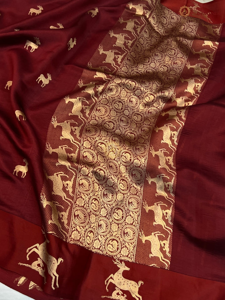 Deep Maroon Pure Silk Banarasi Saree with Deer Motif Border