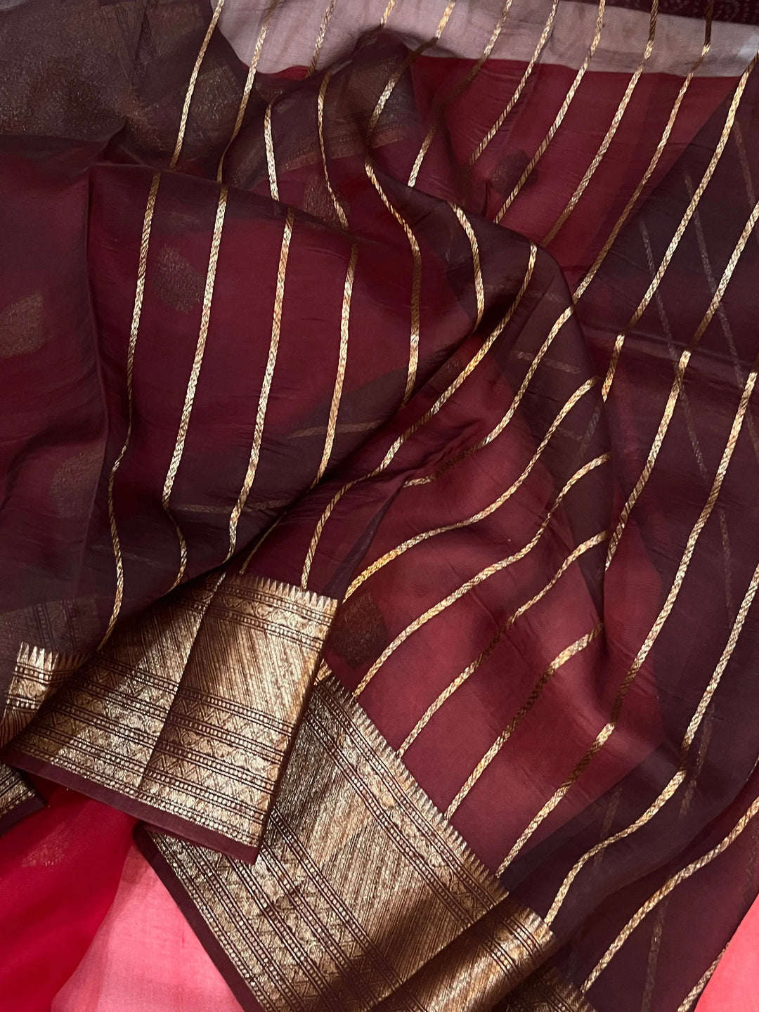 Red Banarasi Handloom Kora Silk Saree - Aura Benaras