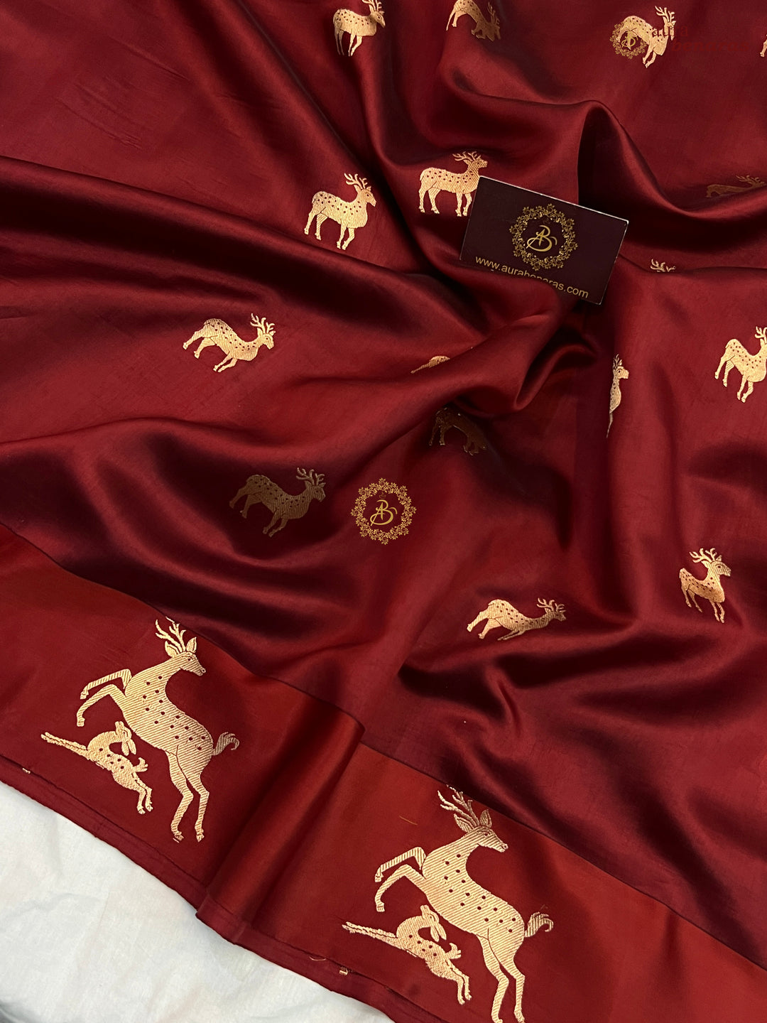 Deep Maroon Pure Silk Banarasi Saree with Deer Motif Border