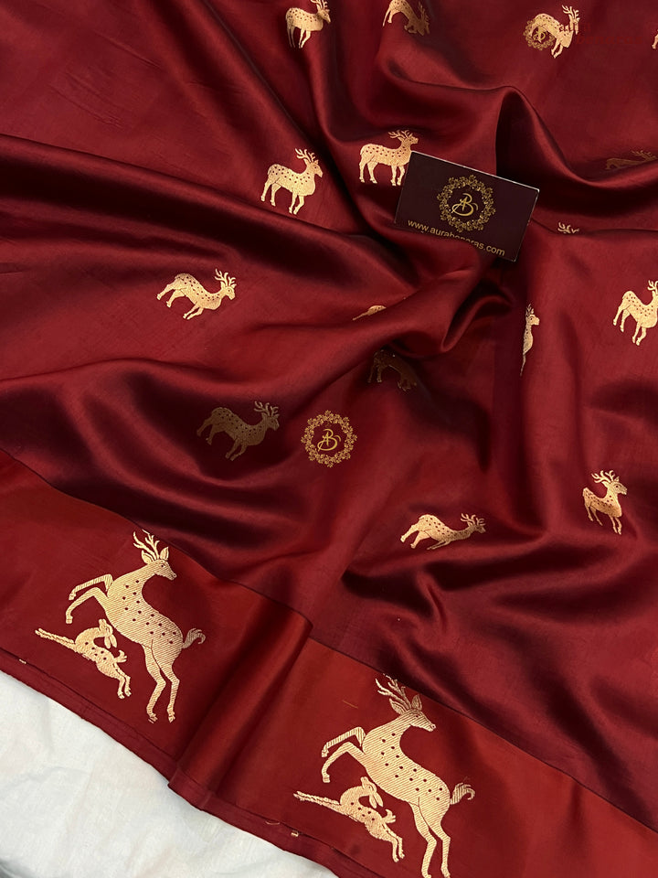 Deep Maroon Pure Silk Banarasi Saree with Deer Motif Border