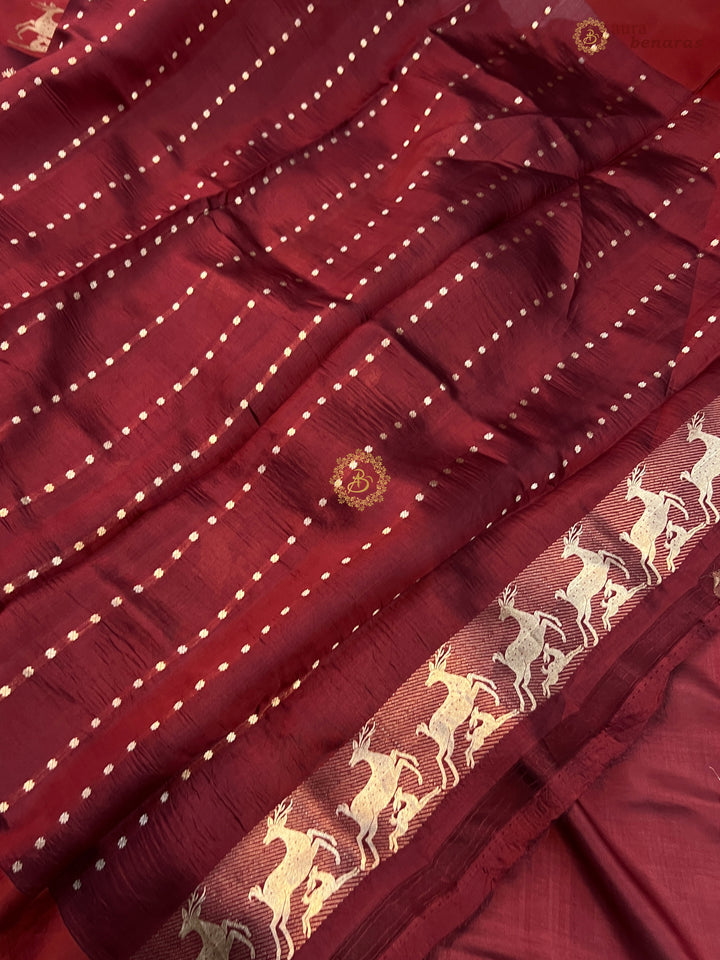 Deep Maroon Pure Silk Banarasi Saree with Deer Motif Border