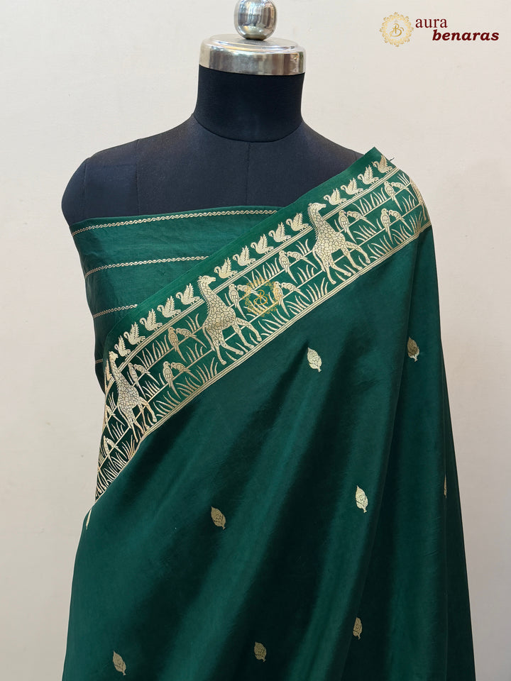 Bottle Green Pure Katan Silk Banarasi Saree Kadhwa Giraffe and Bird Motifs
