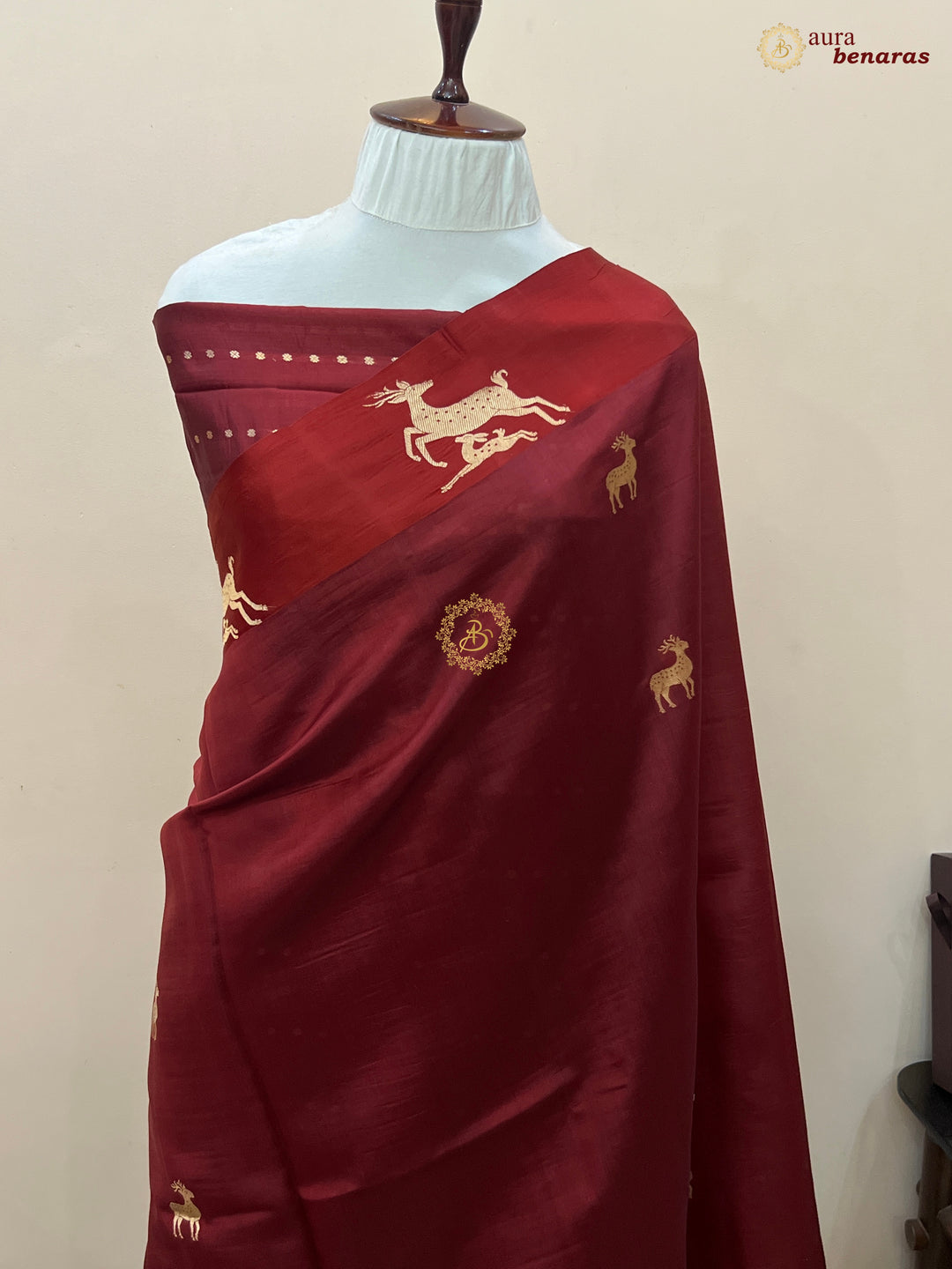 Deep Maroon Pure Silk Banarasi Saree with Deer Motif Border
