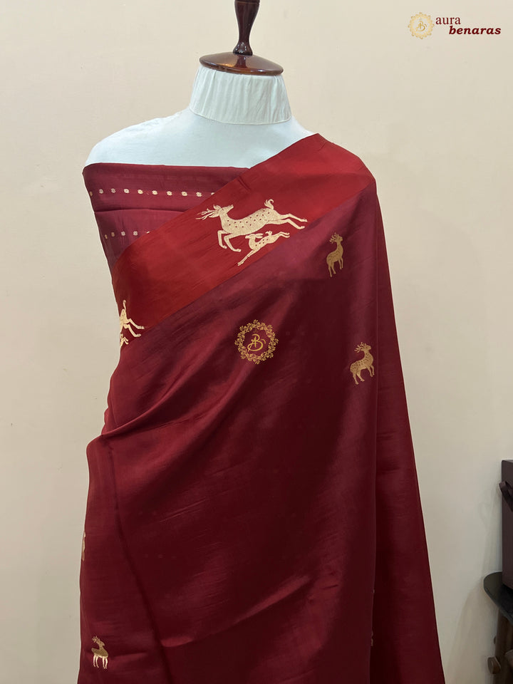Deep Maroon Pure Silk Banarasi Saree with Deer Motif Border