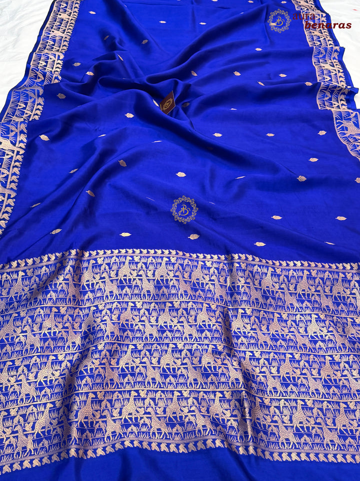 Royal Blue Pure Katan Silk Banarasi Saree Kadhwa Giraffe and Bird Motifs