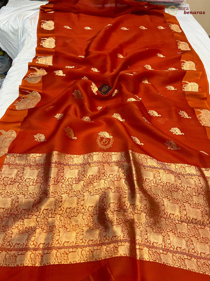 Orange Kora Silk Banarasi Saree Cow Motif Border