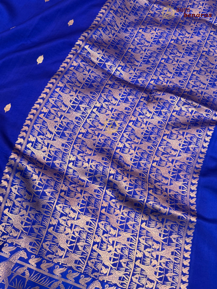 Royal Blue Pure Katan Silk Banarasi Saree Kadhwa Giraffe and Bird Motifs