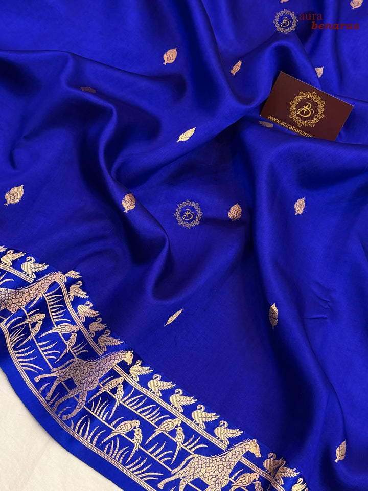 Royal Blue Pure Katan Silk Banarasi Saree Kadhwa Giraffe and Bird Motifs