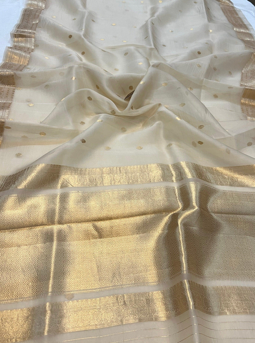 Cream Banarasi Handloom Kora Silk Saree - Aura Benaras