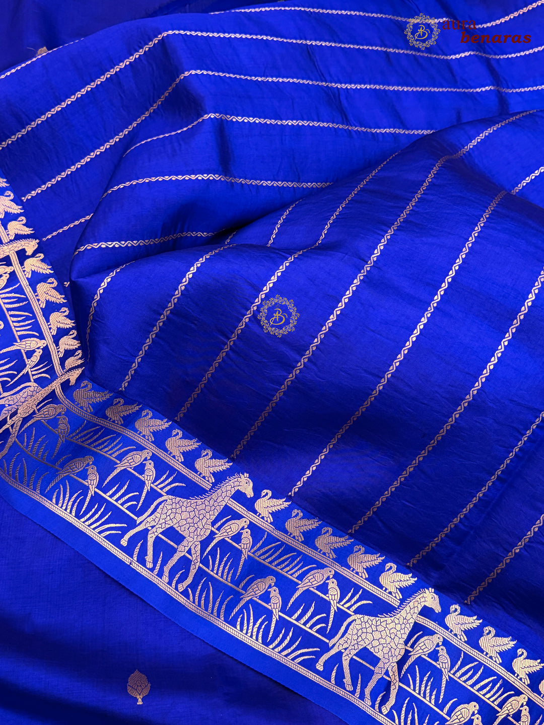 Royal Blue Pure Katan Silk Banarasi Saree Kadhwa Giraffe and Bird Motifs