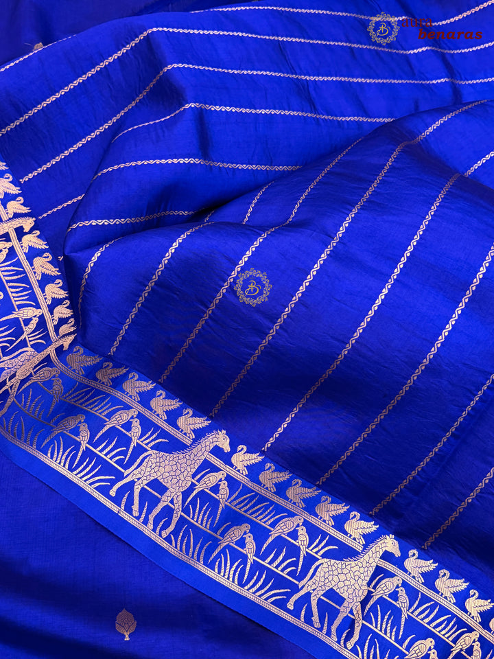 Royal Blue Pure Katan Silk Banarasi Saree Kadhwa Giraffe and Bird Motifs