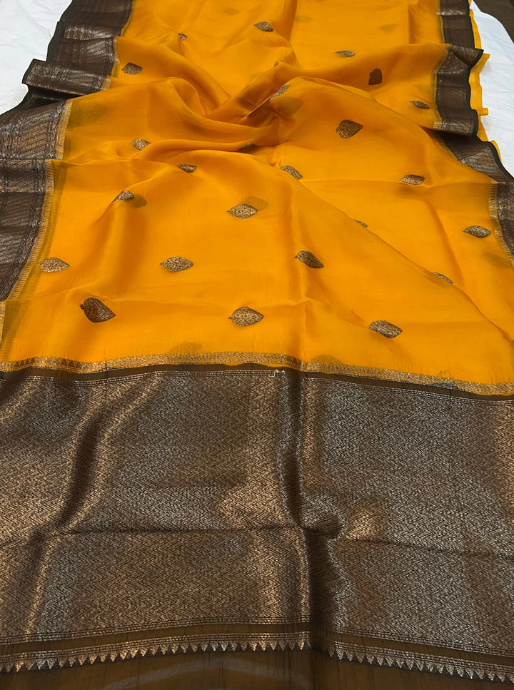 Yellow Banarasi Handloom Kora Silk Saree - Aura Benaras