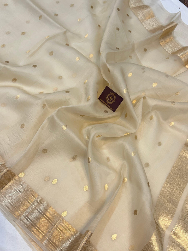 Cream Banarasi Handloom Kora Silk Saree - Aura Benaras