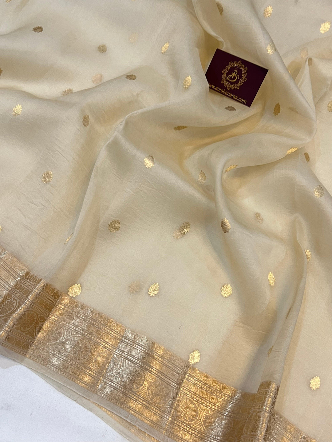 Cream Banarasi Handloom Kora Silk Saree - Aura Benaras