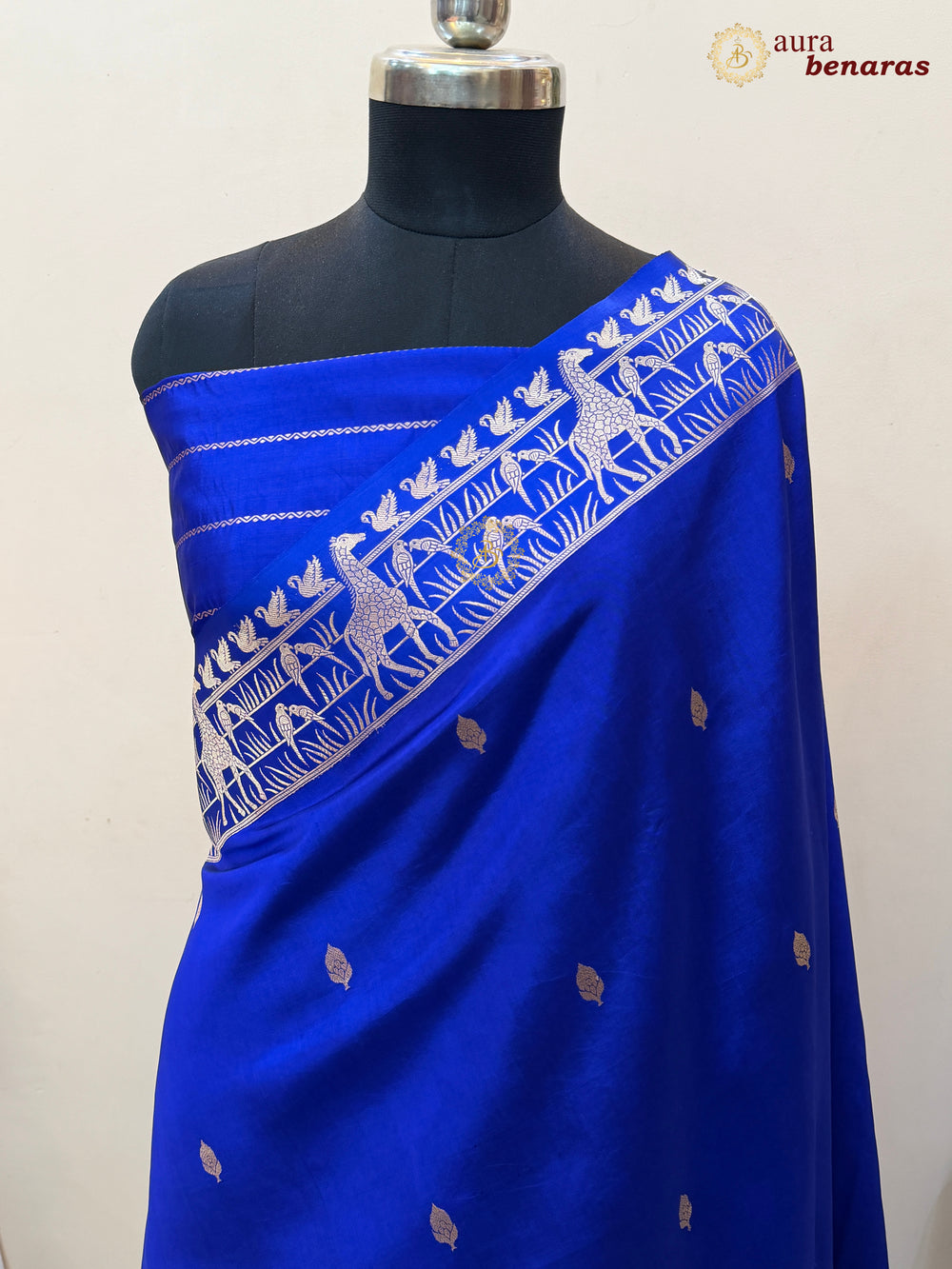 Royal Blue Pure Katan Silk Banarasi Saree Kadhwa Giraffe and Bird Motifs