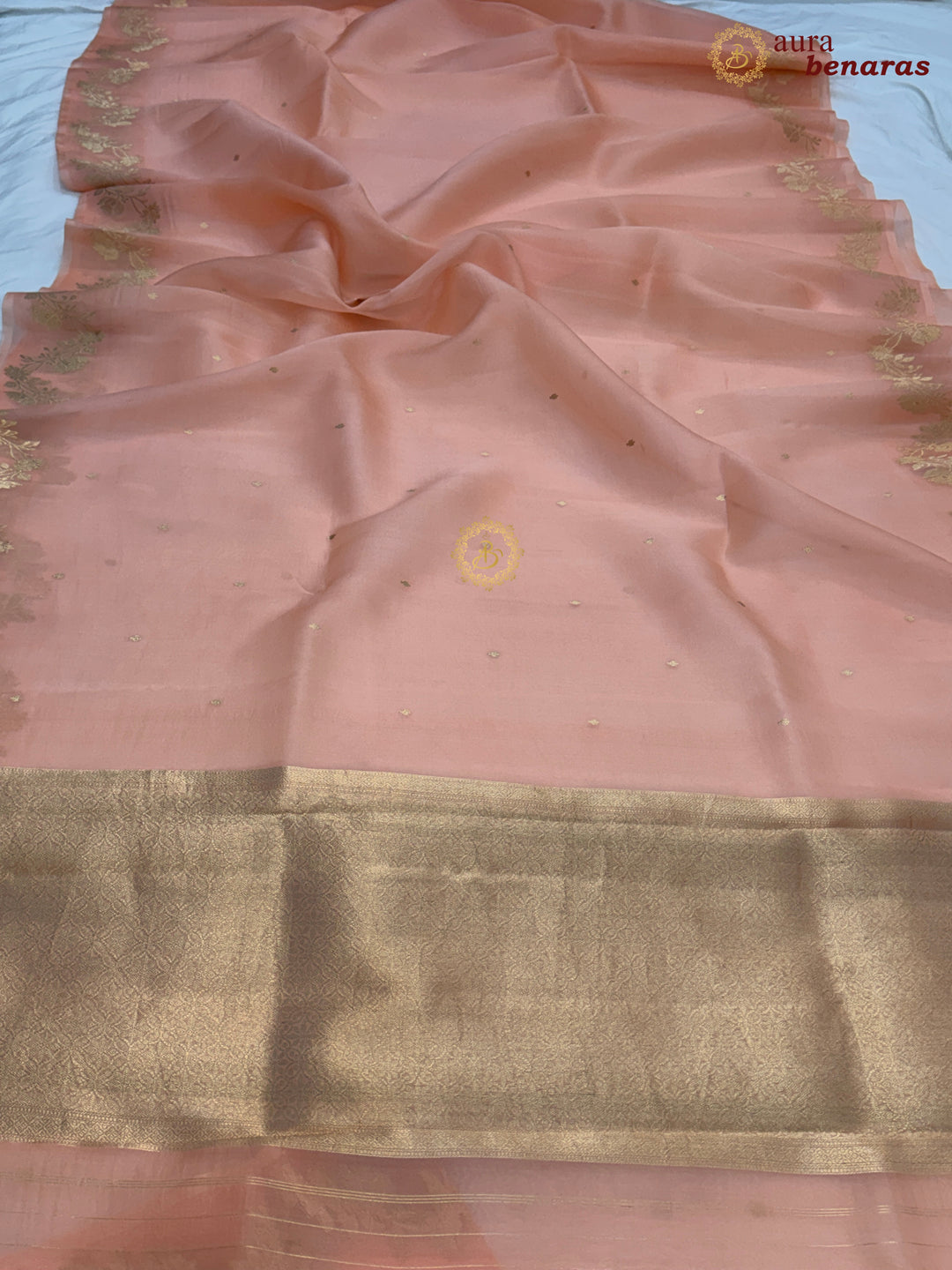 Peach Pure Kora Silk Banarasi Saree with Zari Butis & Border