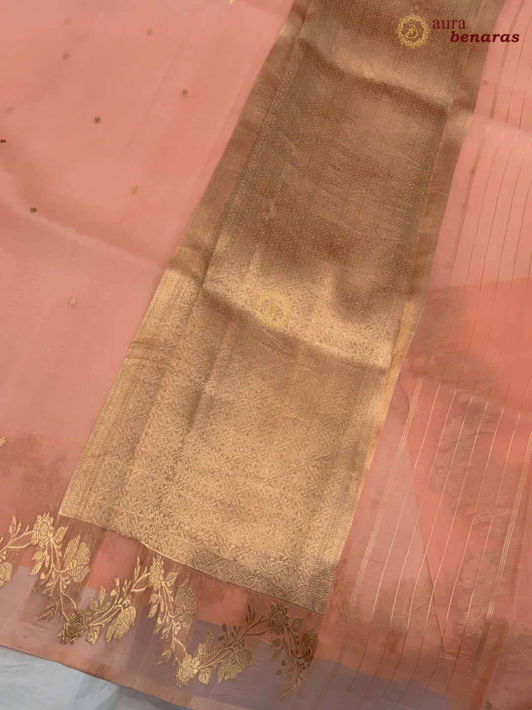 Peach Pure Kora Silk Banarasi Saree with Zari Butis & Border