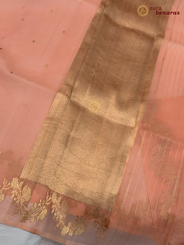 Peach Pure Kora Silk Banarasi Saree with Zari Butis & Border