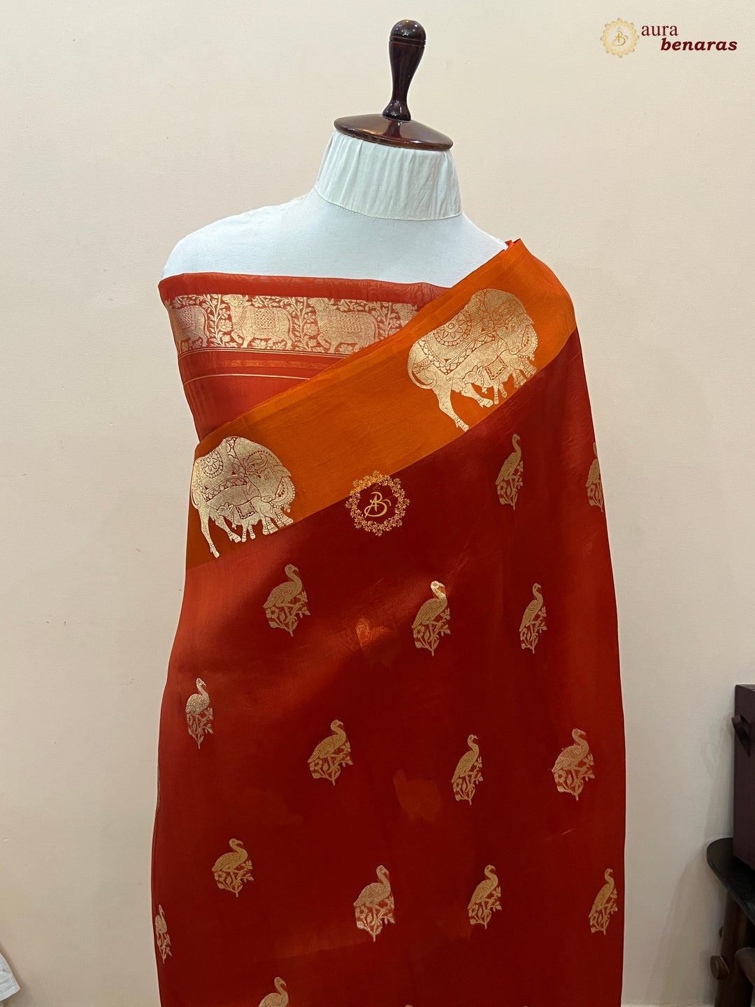 Orange Kora Silk Banarasi Saree Cow Motif Border
