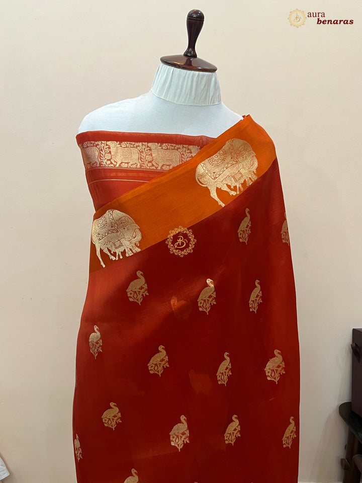 Orange Kora Silk Banarasi Saree Cow Motif Border