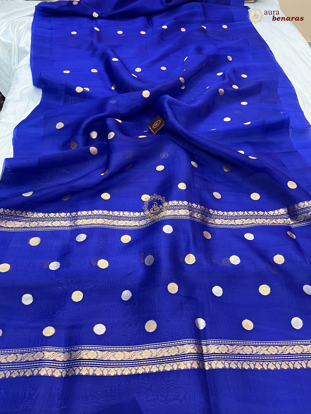 Pure Royal Blue Banarasi Handloom Kora Silk Saree with Kadhwa Butis Aura Benaras