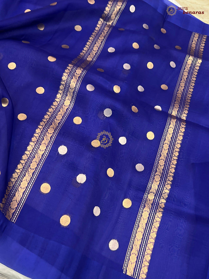 Pure Royal Blue Banarasi Handloom Kora Silk Saree with Kadhwa Butis Aura Benaras