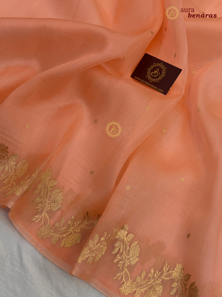 Peach Pure Kora Silk Banarasi Saree with Zari Butis & Border