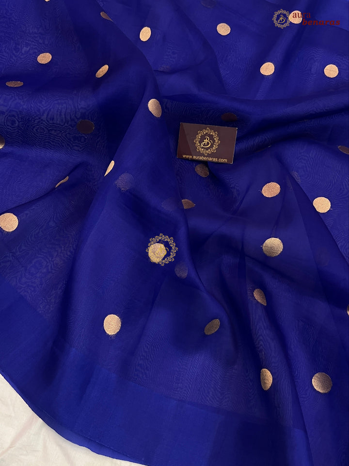 Pure Royal Blue Banarasi Handloom Kora Silk Saree with Kadhwa Butis Aura Benaras