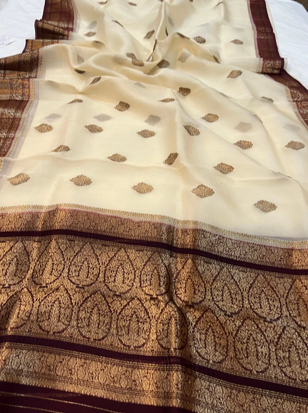 Cream Banarasi Handloom Kora Silk Saree - Aura Benaras