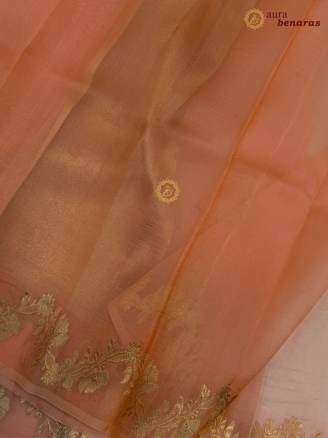 Peach Pure Kora Silk Banarasi Saree with Zari Butis & Border