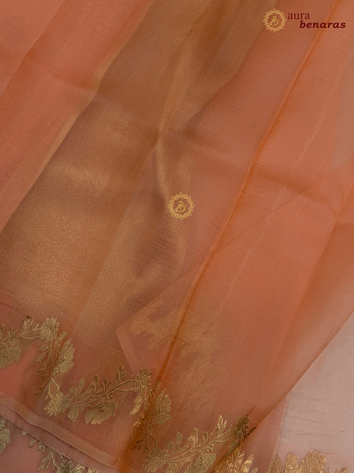 Peach Pure Kora Silk Banarasi Saree with Zari Butis & Border