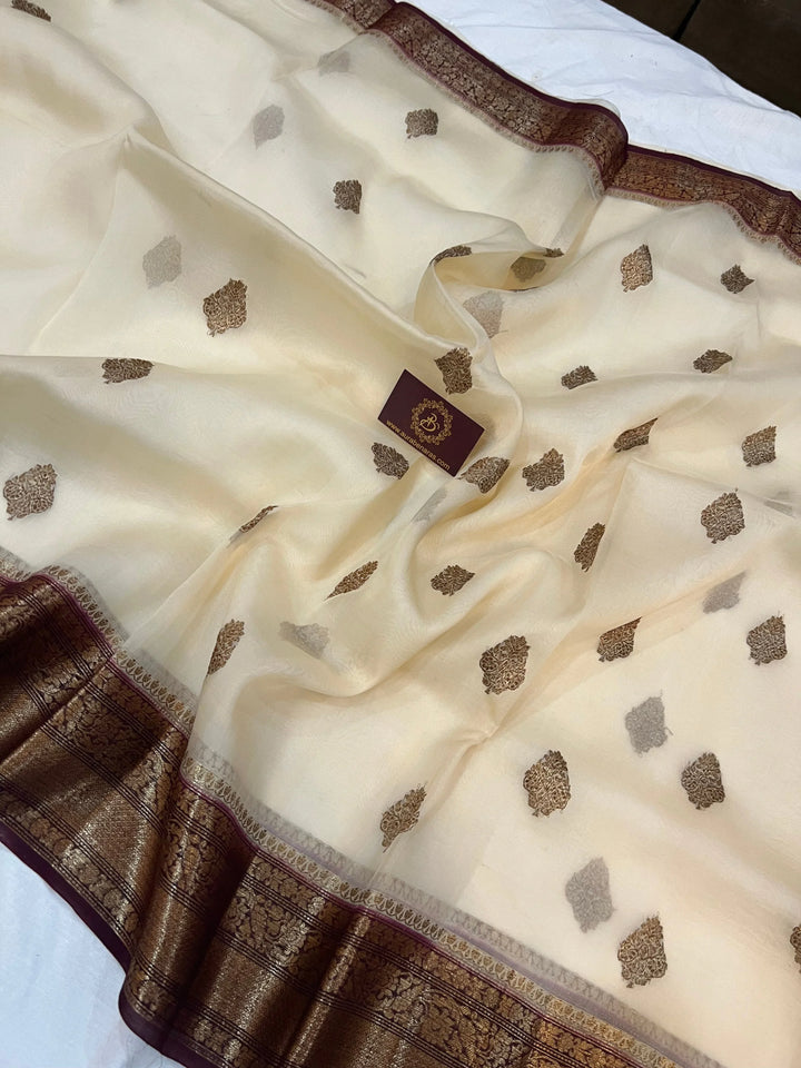 Cream Banarasi Handloom Kora Silk Saree - Aura Benaras