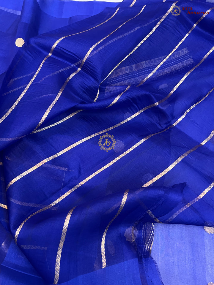 Pure Royal Blue Banarasi Handloom Kora Silk Saree with Kadhwa Butis Aura Benaras