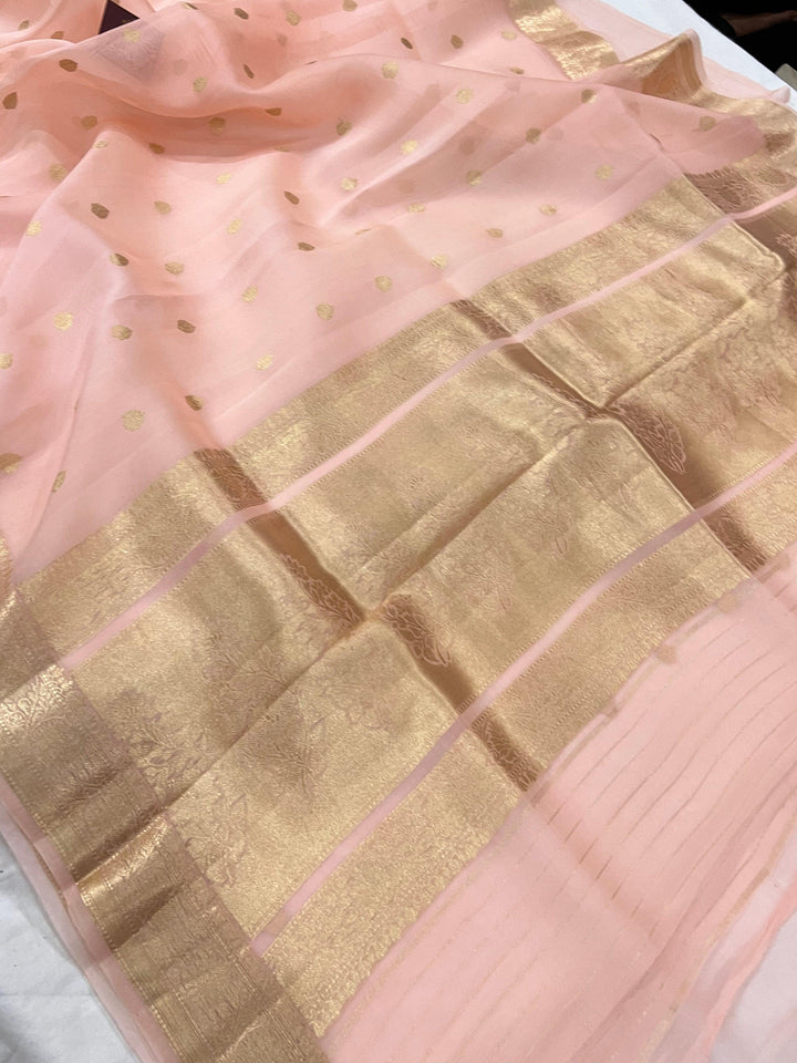 Pani Peach Banarasi Handloom Kora Silk Saree - Aura Benaras