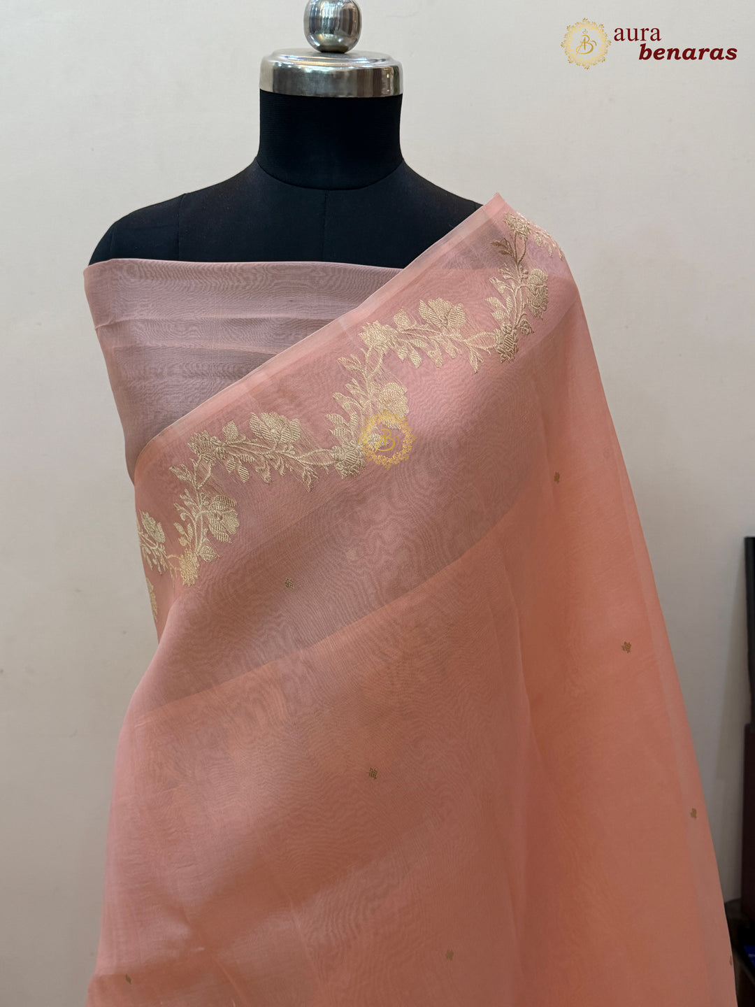 Peach Pure Kora Silk Banarasi Saree with Zari Butis & Border