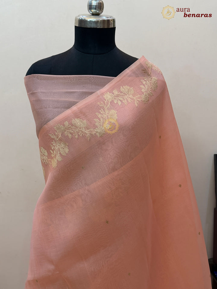 Peach Pure Kora Silk Banarasi Saree with Zari Butis & Border