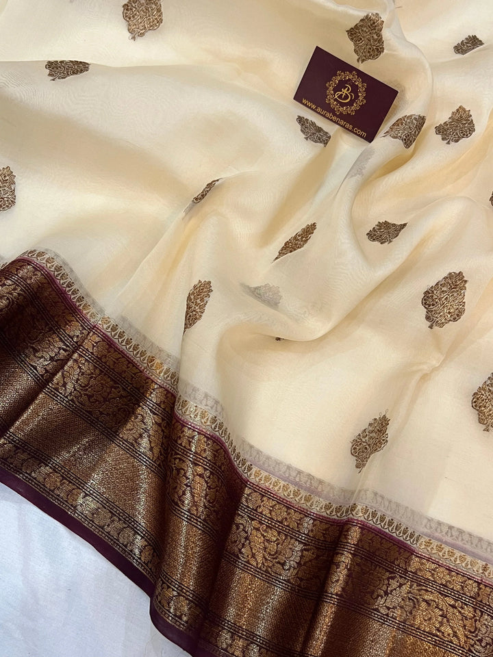 Cream Banarasi Handloom Kora Silk Saree - Aura Benaras