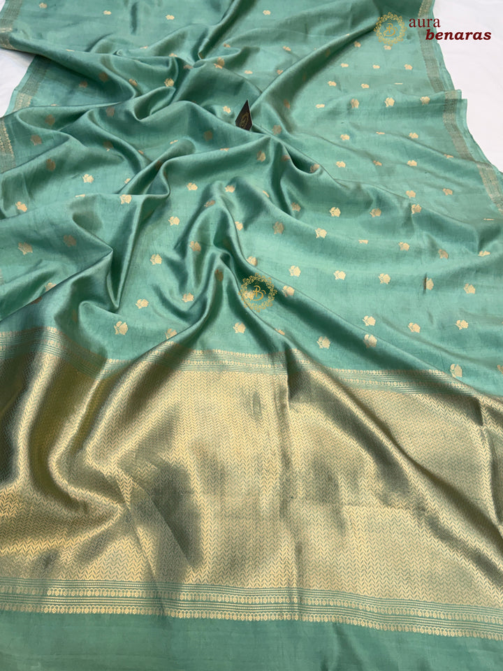 Greyish Green Banarasi Silk Saree with Kadhwa Floral Zari Buta