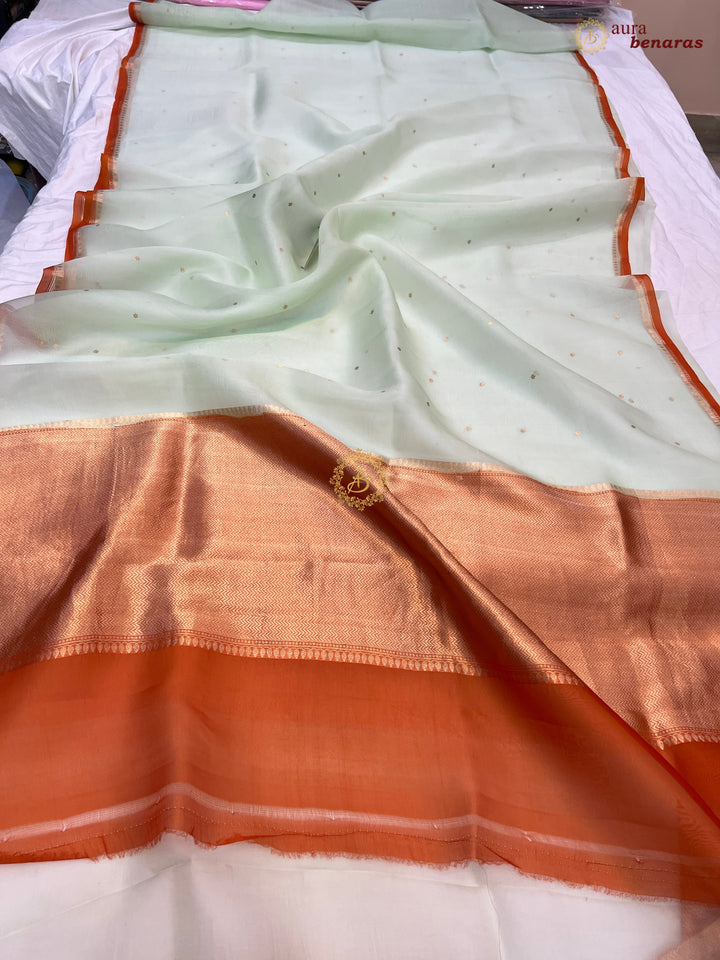 Mint Green Kora Silk Banarasi Saree with Zari Butis 