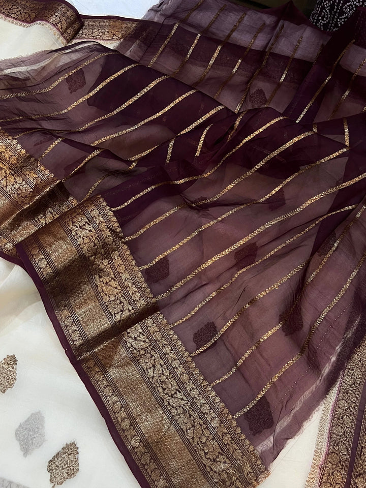 Cream Banarasi Handloom Kora Silk Saree - Aura Benaras