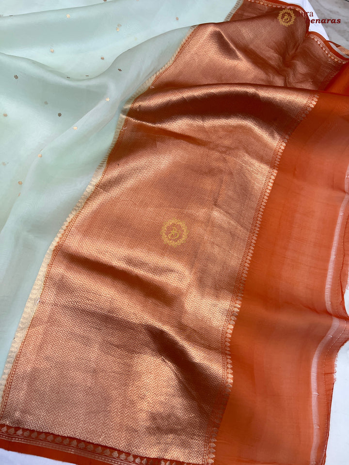 Mint Green Kora Silk Banarasi Saree with Zari Butis 