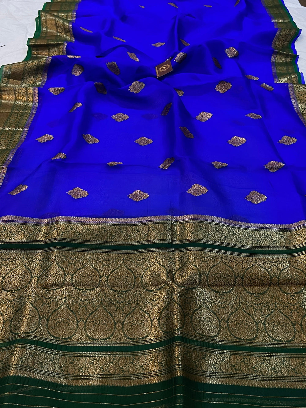 Royal Blue Banarasi Handloom Kora Silk Saree - Aura Benaras