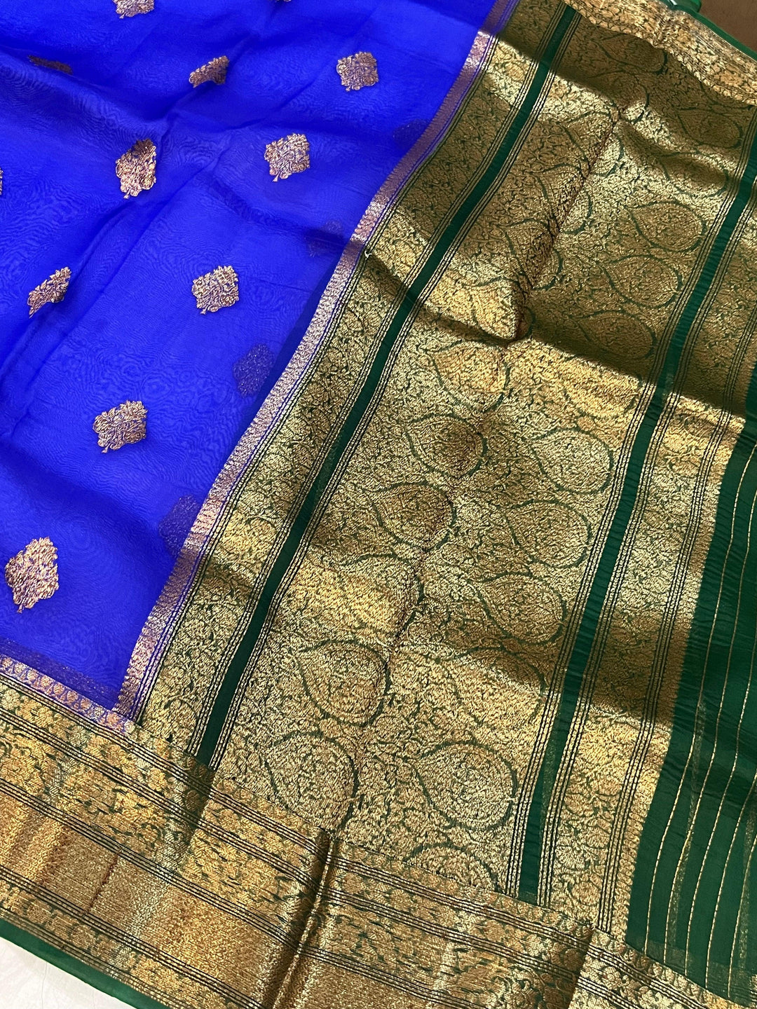 Royal Blue Banarasi Handloom Kora Silk Saree - Aura Benaras