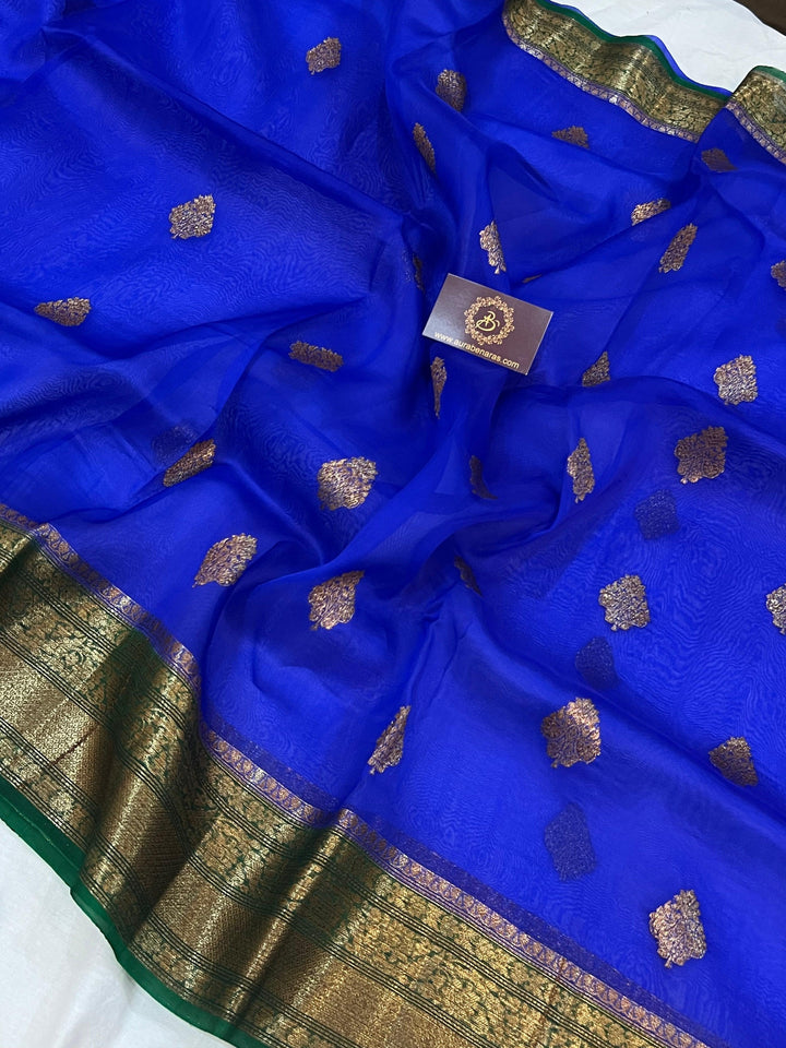 Royal Blue Banarasi Handloom Kora Silk Saree - Aura Benaras