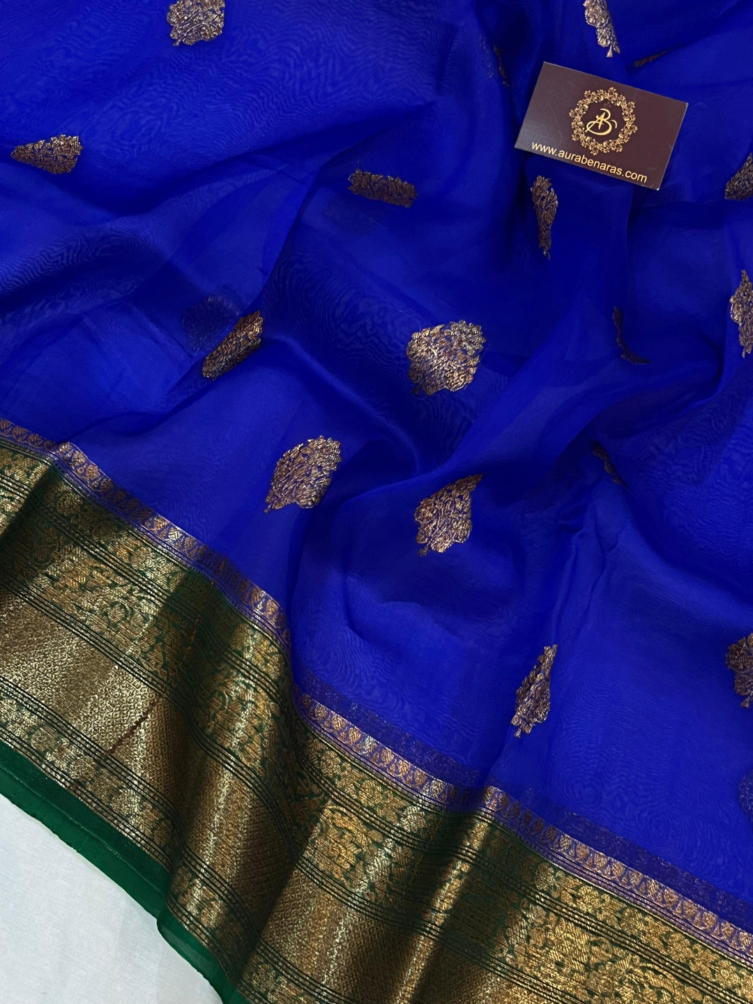 Royal Blue Banarasi Handloom Kora Silk Saree - Aura Benaras