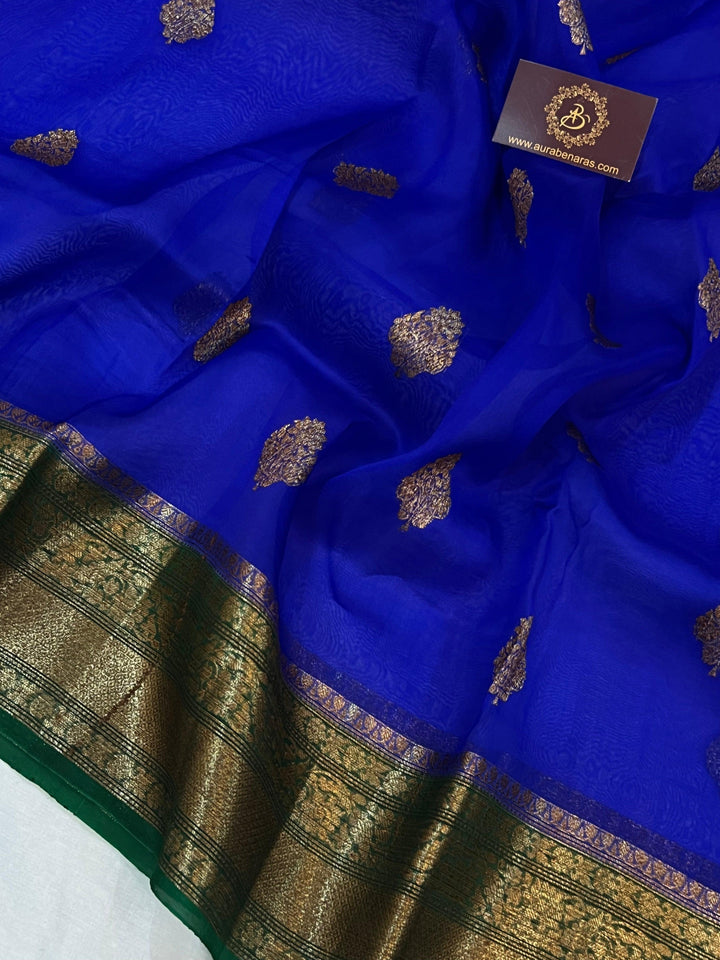 Royal Blue Banarasi Handloom Kora Silk Saree - Aura Benaras