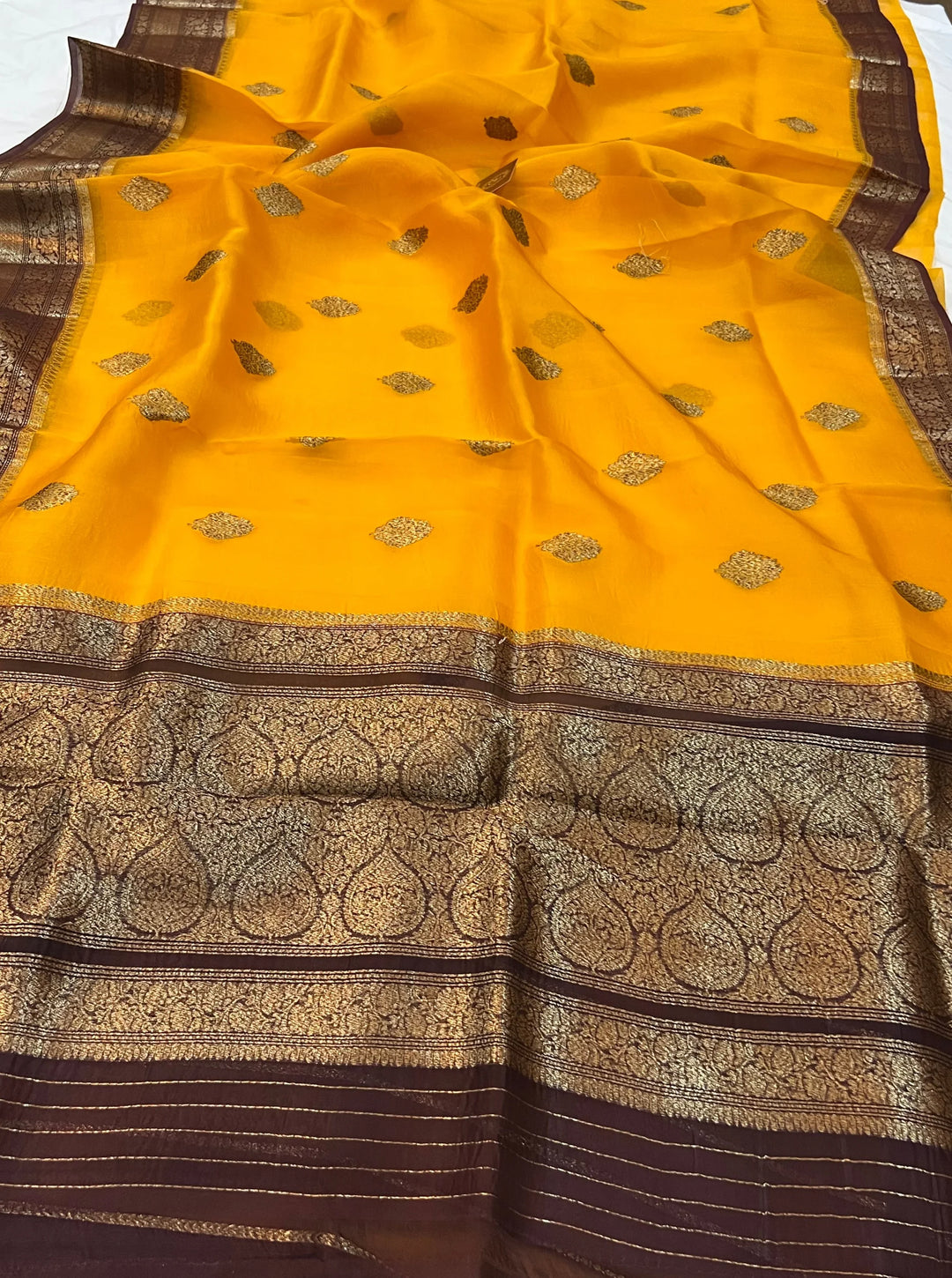 Yellow Banarasi Handloom Kora Silk Saree - Aura Benaras