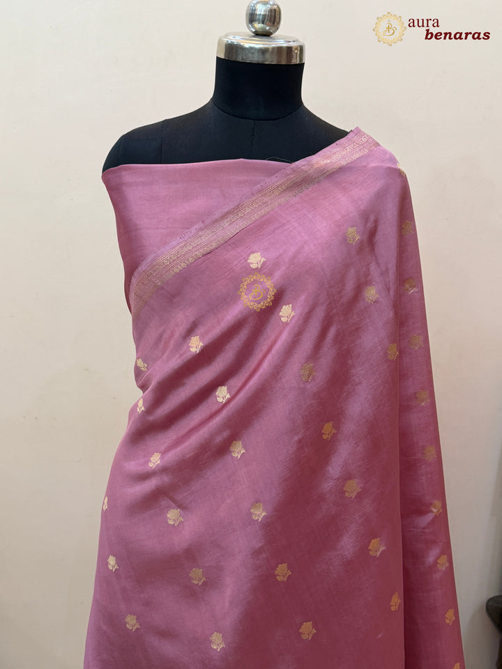 Onion Pink Banarasi Silk Saree with Kadhwa Floral Zari Buta
